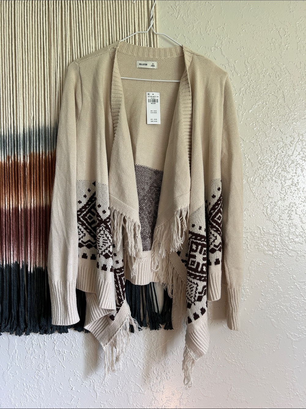 Hollister Beige Fringe Open-Front Cardigan with Brown Pattern